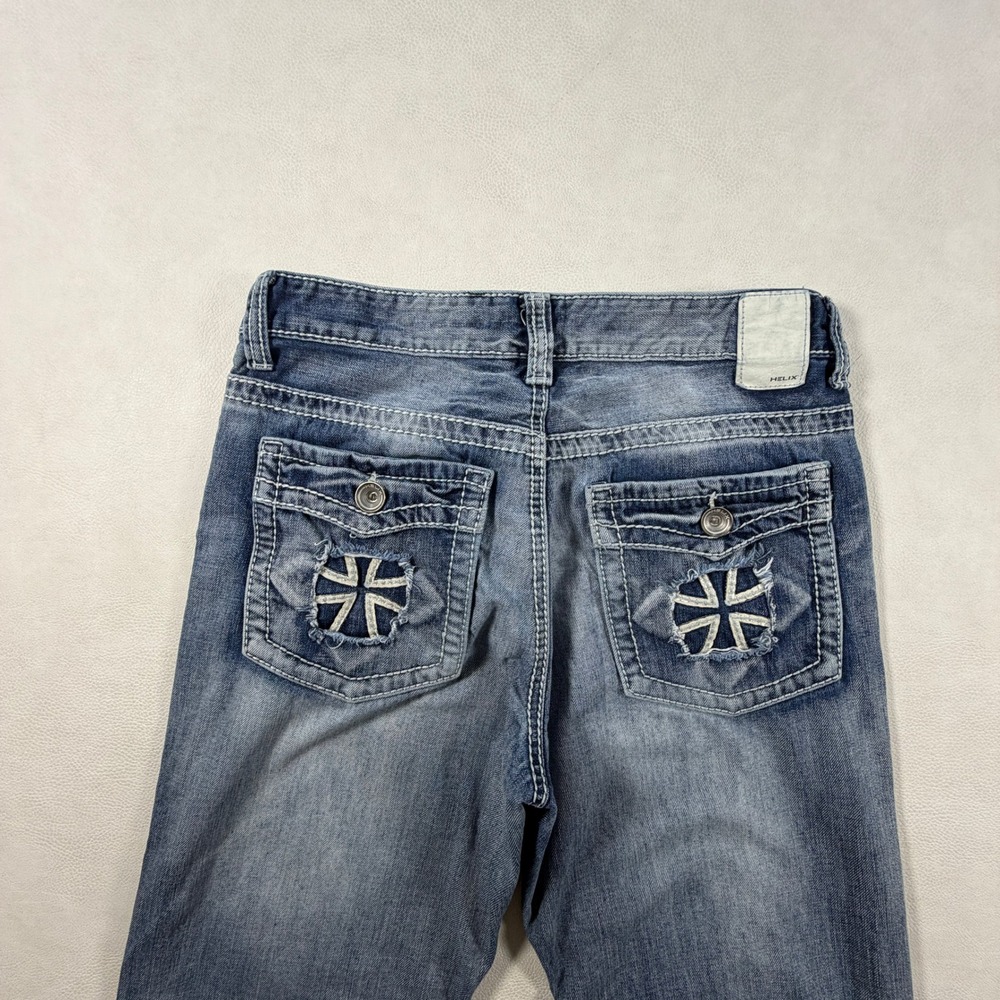 Helix Relaxed Boot Jeans Mens 30x30 Blue Denim Distressed Iron Cross Pockets Y2K - Picture 6 of 15